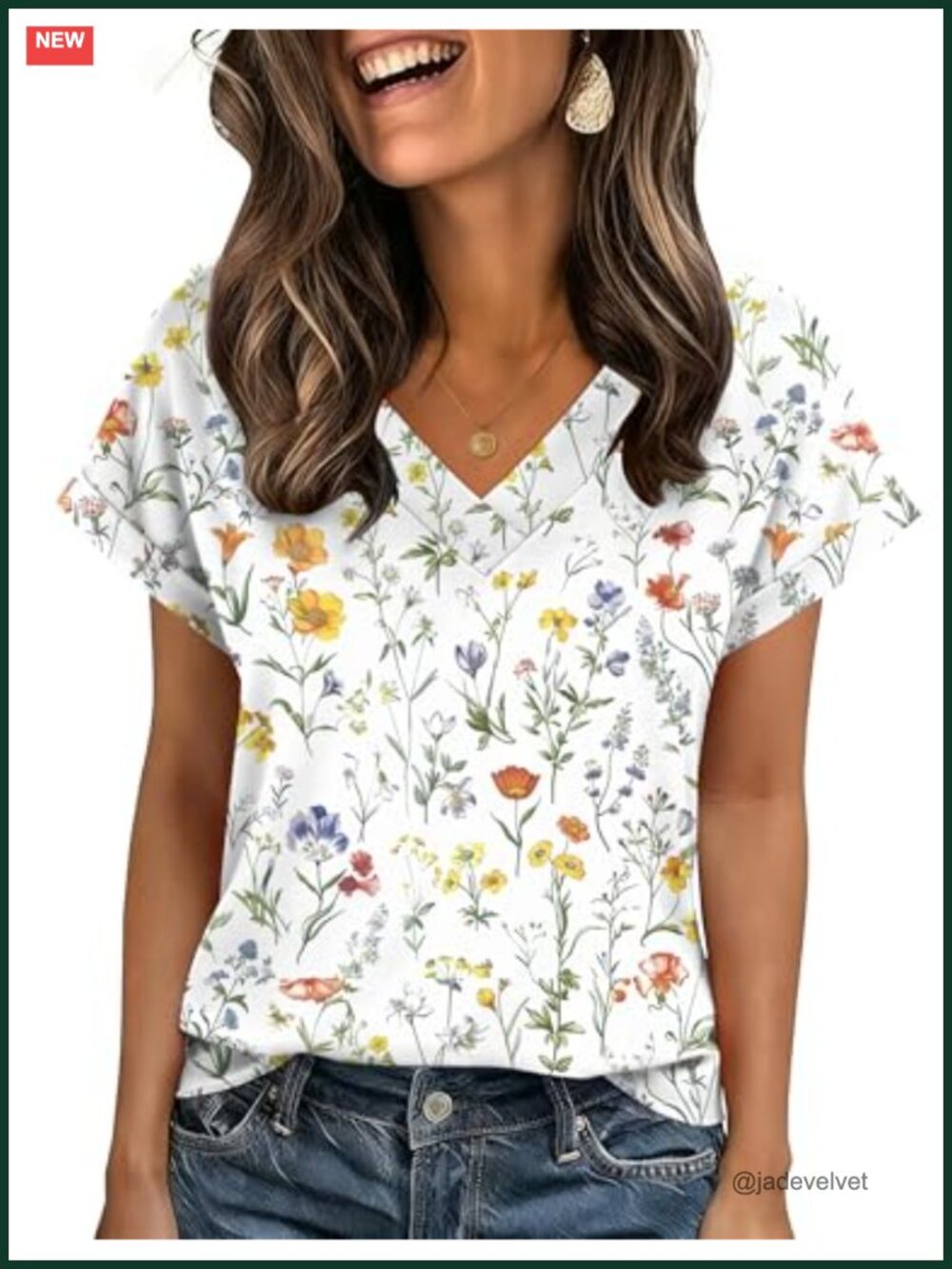Zeagoo Women's Short Sleeve V-Neck Blouse Rolled Hem Floral - New